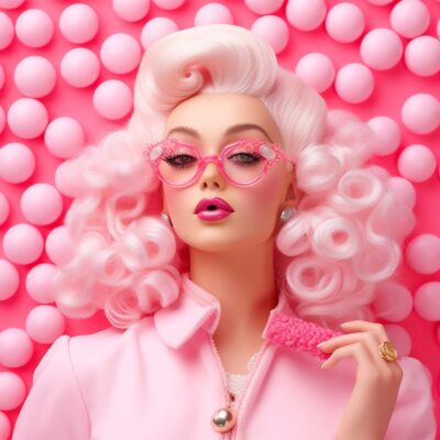 Adult woman doll with pink hair and glasses placed in front of pink balloons.
